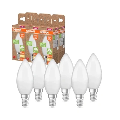 Abbildung von Osram LED STAR CLASSIC B 25 FR Lampe, E14, klassische Minikerzenform, weiß, 3,3W, 250lm, 2700K, warmweißes Licht, sehr geringer Energieverbrauch, mit recyceltem Kunststoff, 6 Pack