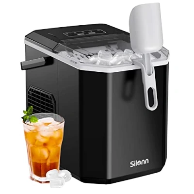 Abbildung von Silonn Eiswürfelmaschine, Kleine Eiswürfelmaschine mit Tragegriff, Selbstreinigende Korb und Schaufel, 9 Würfel in 6 Minuten, 12 KG pro Tag, ideal für Haus, Küche, Camping, RV