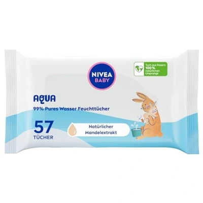 Abbildung von NIVEA Baby AQUA Feuchttücher, Feuchttücher zur sanften Reinigung empfindlicher Haut, hypoallergene und parfümfreie für Babys mit 99% Wasser (1 x 57 Stück)
