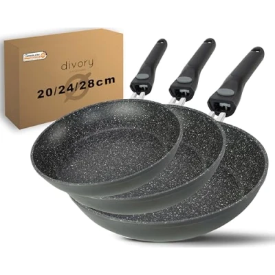 Abbildung von DIVORY Pfannenset 3 teilig Pfanne 20cm, 24cm, 28cm mit abnehmbaren Griff, Induktion, Antihaft Beschichtete Bratpfanne hoch, Campingpfanne Induktionspfanne