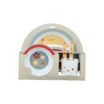 Abbildung von Sterntaler Geschirrset Pferd Sunny Baby und Kinder Geschirr mit rutschfestem Sockel an Teller, Tasse Becher robustes Kindergeschirr aus lebensmittelechtem Material, mattrot