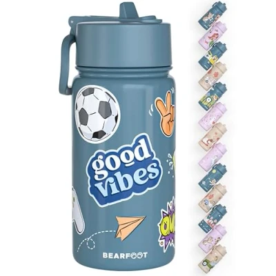 Abbildung von BEARFOOT Trinkflasche Kinder Edelstahl mit Strohhalm Thermosflasche 400ml BPA frei auslaufsicher Kleinkinder, Mädchen &amp; Jungen Wasserflasche für Schule, Kindergarten (Blau Sticker)