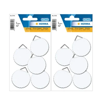 Abbildung von HERMA 5749 Bildaufhänger zum kleben, groß (Ø 45 mm, Papier mit Leinenstruktur) selbstklebend, wasserlöslich gummiert, Tragkraft 1.200 g, weiß (12 Haken Ø mm)
