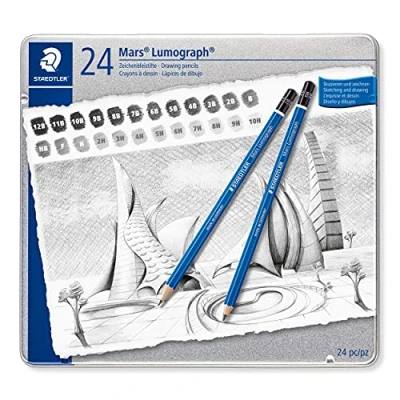 Abbildung von STAEDTLER Zeichenbleistift Mars Lumograph Sechskantform, unglaublich bruchfeste Premium Bleistifte, hohe Qualität, 24 Härtegrade im Set, Metalletui, 100 G24
