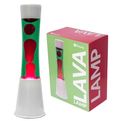 Abbildung von Fisura Lavalampe in Grün und Rosa. Weiße Basis, grüne Flüssigkeit rosa Lava. Entspannungseffekt. Mit Ersatzglühbirne. 11 x 39,5 zentimeter.