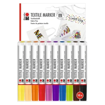 Abbildung von Marabu Textile Marker, 10er Set Textilstifte für helle Stoffe, Stoffmalstifte mit 3 mm Spitze, kräftige Farben auf Wasserbasis, vegan, nach Fixierung waschmaschinenfest bis 60C, 0115000000200