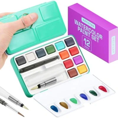 Abbildung von ARTISTRO Aquarellfarben Set 12 Farben in Tragbarer Box, Inklusive Metallic und Fluoreszenzfarben, 2x Pinsel, Aquarellpapier, Acrylstifte, Aquarell für Reisen, Wasserfarben Künstler Hobbymaler