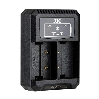 Abbildung von JJC USB und C Eingang (Typ C) mit Zwei Steckplätzen QC3.0 Ladegerät Akkulader für Fujifilm GFX100 GFX50S GFX50R Kameras wiederaufladbarem Lithium Ionen Akku Fuji NP T125