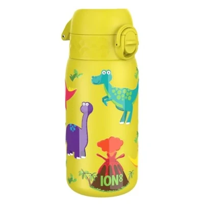 Abbildung von ION8 Kinder Trinkflasche, Edelstahl 400ml, Auslaufsicher, Einhandöffnung, Sichere Verriegelung, Spülmaschinenfest, Klappdeckel, Tragegriff, Leicht zu Reinigen, Langlebig &amp; Kratzfest,Dinosaurier Design