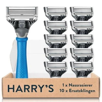 Abbildung von Harry’s Nassrasierer für Männer Rasier Set mit blauem Griff, 10 Ersatz Rasierklingen Rasierer, Rasierklingen, Herren, Klingen Männer,