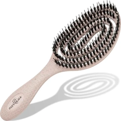 Abbildung von Bio Haarbürste ohne Ziepen mit Wildschweinborsten Entwirrbürste einzigartiger Spirale, nachhaltiges Material perfekt für nasse&amp;trockene Haare, mehr Glanz, Volumen &amp; gesunde Haarpflege, Natur