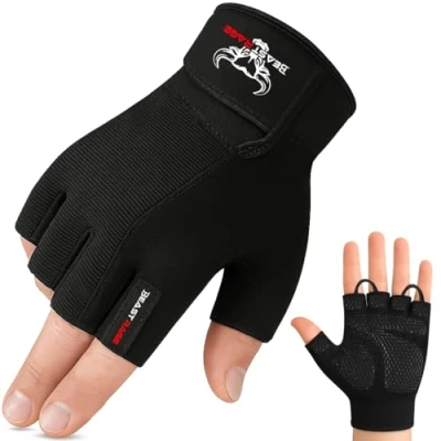 Abbildung von BEAST RAGE Fitness Handschuhe für Training, rutschfest,gepolsterte Handfläche,Halbfinger Workout,Gewichtheben Handschuhe, Radfahren, Crossfit,Krafttraining (Black, L)