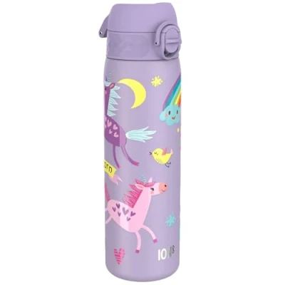 Abbildung von ion8 Leicht Stahl Trinkflasche 600 ml Nicht IsoliertAuslaufsicher Einhandöffnung Sichere Verriegelung Spülmaschinenfest Klappdeckel Tragegriff zu Reinigen, Violett Einhorn