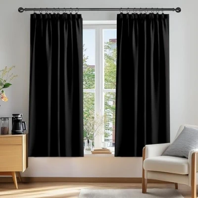 Abbildung von Deconovo Vorhang Blickdicht Kräuselband Gardinen Kinderzimmer Thermogardine Kälteschutz, 138x132 cm(HöhexBreite), Schwarz, 2er Set