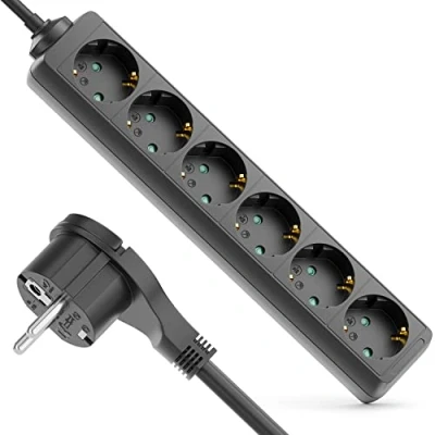 Abbildung von deleyCON 6 Fach Steckdosenleiste mit Flachstecker Stromleiste für Innenbereich 1,4m Kabel Flachkontakt Stecker Robustes Kunststoffgehäuse Schwarz