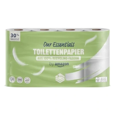 Abbildung von by Amazon ECO Toilettenpapier, 3 lagig 100% Recycelt, 8 Rollen (8 Rollen, 1 er Pack) 200 Blätter pro Rolle, FSC Zertifiziert