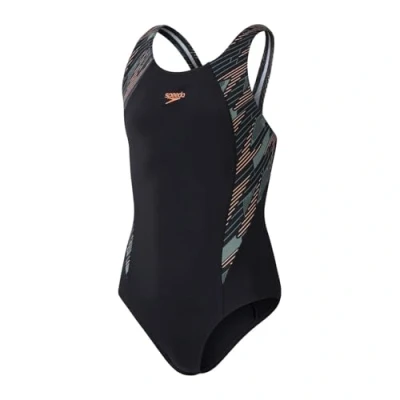 Abbildung von Speedo Girls Hyperboom Splice Muscleback Badeanzug für Kinder, Größe: 128, Black/country green/nectarine