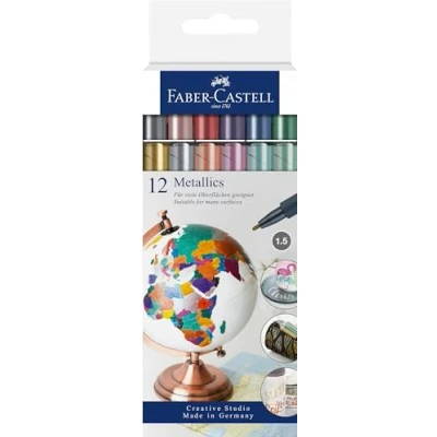 Abbildung von FABER CASTELL 160713 Metallics Marker mit Faserspitze, 1,5 mm Strichstärke, für viele Oberflächen geeignet, Metralliceffekt, 12er Set