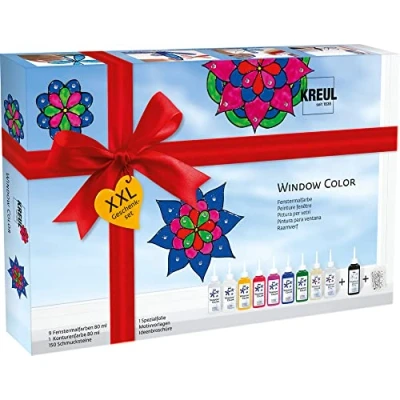 Abbildung von KREUL 42849 Window Color XXL Set, für kleine und große Kreative, 9 x 80 ml Fenstermalfarben, Konturenfarbe, eine Spezialfolie, 150 Schmucksteine Vorlagen mit Blüten Mandalamotiven
