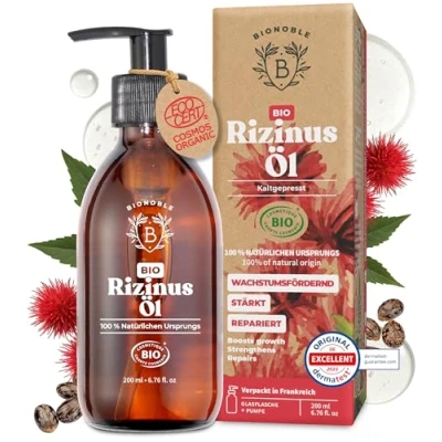 Abbildung von Bionoble Rizinusöl Bio 200ml 100% Rein, Natürlich und Kaltgepresst Wimpern, Augenbrauen, Haare, Bart, Nägel Vegan, Cruelty Free Castor Oil Glasflasche + Pumpe