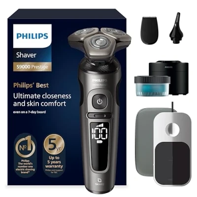 Abbildung von Philips Shaver S9000 Prestige, elektrischer Nass und Trockenrasierer, Gold, SkinIQ Technologie, Reiseetui, Qi Ladepad, Präzisionstrimmer, Nasenhaartrimmer Reinigungsstation, Modell SP9882/36