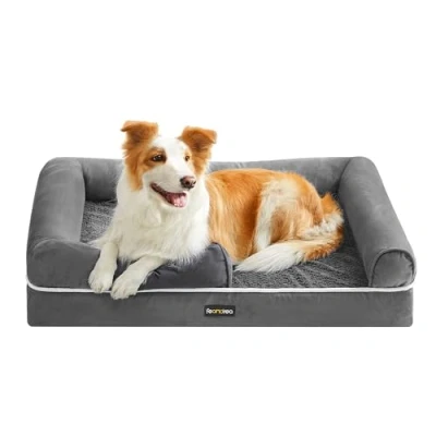 Abbildung von Feandrea Orthopädisches Hundebett, Hundekissen, Hundekorb, weiche Polsterung, Hundesofa, erhöhte Ränder, Bezug abnehmbar und waschbar, 91 x 71 20 cm, rutschfeste Unterseite, hellgrau PGW076G02
