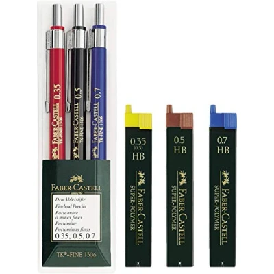 Abbildung von Faber Castell 130622 TK Fine Druckbleistift Set, 3 teilig, mit Etui (und ein Stift 0,35 mm, 0,5 mm und 0,7 mm)