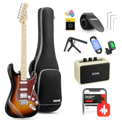 Abbildung von Donner E Gitarre, 39&quot; Gitarren Set HSS Pickup Coil Split, Elektrische Gitarre Beginner mit Verstärker, Tasche, Zubehör, DST 152S Sunburst