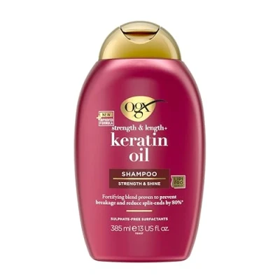 Abbildung von OGX Strength &amp; Length + Keratin Oil Shampoo (385 ml), kräftigendes Anti Haarbruch mit Proteinen und Arganöl, Haarpflege Shampoo, sulfatfrei