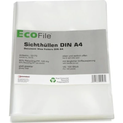 Abbildung von Sichthüllen Aktenhüllen A4 / 100 Stück/nachhaltig aus Post Consumer Recycling PP 120 my transparent, oben und seitlich offen (Transparent glatt glasklar)