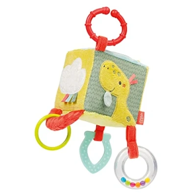 Abbildung von Fehn Motorikwürfel Happy Dino Motorikspielzeug Baby Aktivitätswürfel zum Aufhängen für Kinderwagen, Kinderbett und Babyschale Activity Würfel Spielzeug Babys Kinder ab 0+ Monaten