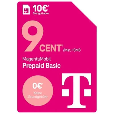 Abbildung von Telekom MagentaMobil Prepaid Basic 9ct pro Minute/SMS in alle dt. Netze optionale Dayflat (50 MB) für mobiles Surfen verfügbar I ohne Vertragsbindung, volle Kostenkontrolle 10 EUR Startguthaben
