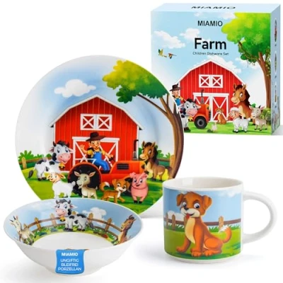 Abbildung von MIAMIO 3er Set Kindergeschirr/Porzellan Kinderbesteck, Kindergeschirr aus Porzellan Inklusive Teller, Schüssel und Tasse Für Kinder Kleinkinder (Bauernhof)