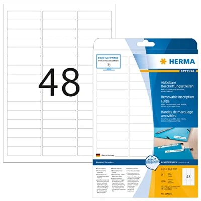 Abbildung von HERMA 10005 Beschriftungsstreifen ablösbar, 25 Blatt, 63,5 x 16,9 mm, 48 pro A4 Bogen, 1200 Stück, selbstklebend, bedruckbar, matt, blanko Papier Klebeetiketten Aufkleber, weiß