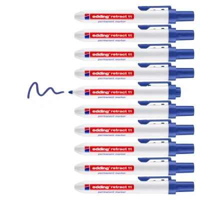 Abbildung von edding retract 11 Permanentmarker blau 10 Stifte Rundspitze 1,5 3 mm wasserfest, schnell trocknend für einfache Einhandbedienung Karton, Kunststoff, Holz, Metall, Glas