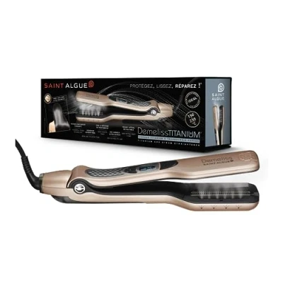 Abbildung von Demeliss Saint Algue TITANIUM, Dampfglätterer integriertes Maxi Reservoir 40 ml Abnehmbarer Seitenkamm Extreme Glättung und Haarschutz Gold/Champagner