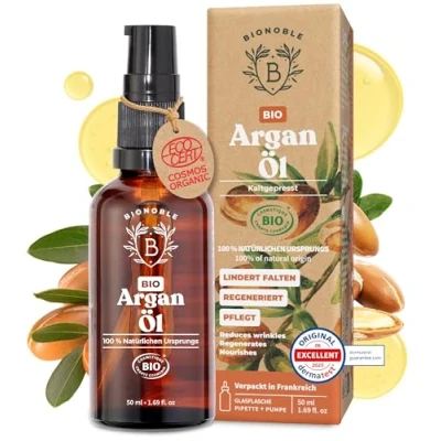 Abbildung von Bionoble Arganöl Bio 50ml 100% Rein, Natürlich, Kaltgepresst Gesicht, Körper, Haar, Bart, Nägel Vegan und Cruelty Free Argan Oil Glasflasche + Pipette Pump