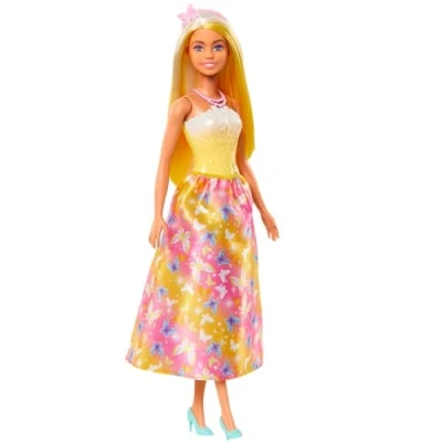 Abbildung von Barbie Royal Puppe mit fantasievollem Haar farbenfrohen Strähnchen, bunten Accessoires, Oberteil in Gelb Farbverlauf und Rock Schmetterlingsmuster, HRR09