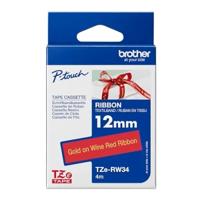 Abbildung von Brother Original P touch Textil Schriftband TZe RW34, 12 mm gold auf weinrot (u.a. für H200, H100LB/R, H105, E100/VP, D200/BW/VP, D210/VP) TZERW34