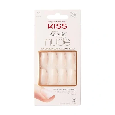 Abbildung von KISS Salon Acrylic French Nude Collection, Leilani, lange künstliche Fingernägel in Coffin/Ballerina Form, enthält 28 Nägel, Nagelkleber, Nagelfeile und Manikürstäbchen