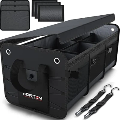 Abbildung von FORTEM Kofferraum Organizer, Kofferraumtasche, Zusammenklappbarer Auto Organizer mit Fächern, Rutschfester Boden, Verstellbare Sicherungsriemen, Klappbarer Deckel (Schwarz, Extragroß)