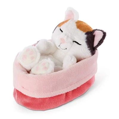 Abbildung von NICI Kuscheltier Sleeping Kitties Katze 12cm, Creme, im rot rosanen Körbchen