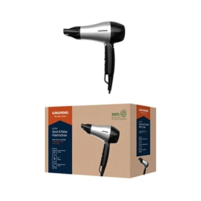 Abbildung von Grundig HD 2200 Sport &amp; Reisehaartrockner, Föhn, Reiseföhn, 1200 Watt, 2 Temperaturstufen, Luftstromstufen, 1,8 m Kabel, einklappbarer Handgriff, extrem leicht, weltweit nutzbar, Silber/Schwarz