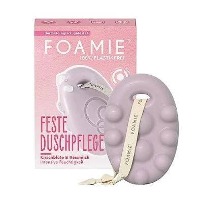 Abbildung von Foamie Festes Duschgel mit Kirschblüte &amp; Reismilch, Reichhaltige Duschpflege Trockene Haut Massage Effekt, Feste Dusche 100% Vegan, Plastikfrei, Silikonfrei, 80 g