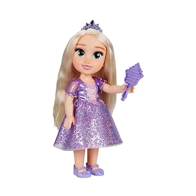 Abbildung von Disney Princess Rapunzel Puppe 35cm, reflektierende Glitzeraugen, bewegliche Gelenke, ausziehbares Kleid, Schuhe, Krone, langes Blondes Haar, für Mädchen ab 3 Jahren
