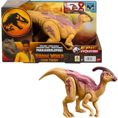 Abbildung von Mattel Jurassic World: Die Chaostheorie Netflix Chomp Chomp“ Gigantisches Gebrüll Allosaurus Dinosaurier Spielzeug mit Geräusch und dehnbaren Sehnen am Kiefer, zunehmenden Brüllstufen, HVB45