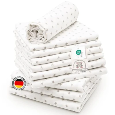 Abbildung von ZOLLNER 10er Set Musselin Spucktücher in 80x80 cm aus Baumwolle hautfreundliche Mulltücher mit süßen Sternen besonders weich und saugstark waschbar bis 60C weiß
