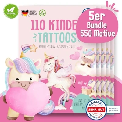 Abbildung von MeinBaby123® 550 Hautfreundliche Einhorn Tattoos Geschenke Hauttattoos für Mädchen Prinzessin &amp; Fee Mitgebsel Kindergeburtstag Vegan Made in Germany (5er Set Fee)