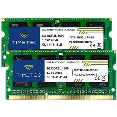 Abbildung von Timetec 16 GB KIT (2 x 8 GB) DDR3L/DDR3 1600 MHz PC3L 12800 / PC3 Nicht ECC ungepuffert 1,35 V/1,5 V CL11 2Rx8 Dual Rank 204 Pin SODIMM Laptop Notebook PC Computer Speicher RAM Modul Upgrade