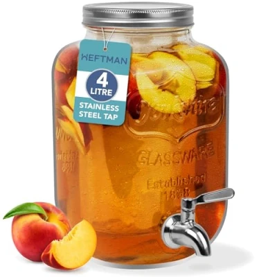 Abbildung von HEFTMAN Getränkespender aus Glas mit Zapfhahn 3,7 Liter Mason Jar auslaufsicherem Edelstahlhahn &amp; Eiszylinder Kühlschrank Wasserspender, Punsch, Cocktails, leerer